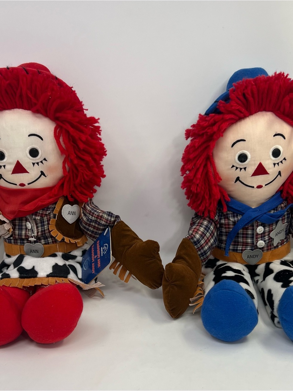 Applause Raggedy Ann & Andy Cowboy Western Dolls Pair Plush Tags NOS Cow print